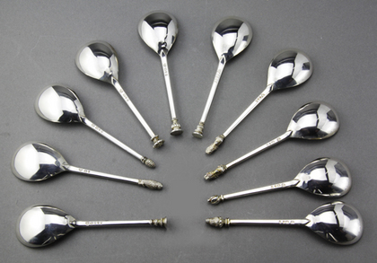 Silver Jubilee 16th Century Knop End Spoons (Set of 10) - Seal Tops, Lion Sejant, Maidenhead, Wrythen, Pudsey